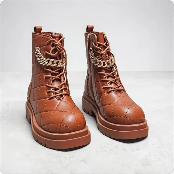 Quilted Faux Leather Lace-Up Combat Boots With Gold Chain Accent - Brown - Picture 10 of 11